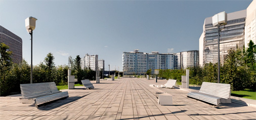 Городской парк или сквер с малыми архитектурными формами и освещением